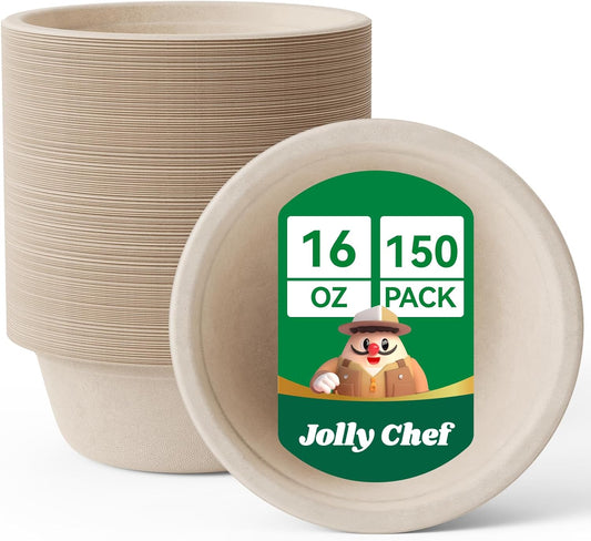 JOLLY CHEF Compostable Disposable Paper Bowl [16 oz] Heavy Duty Soup Containers [150 Pack] Biodegradable Bagasse Hot Cold Eco-Friendly Natural Sugarcane Microwavable Bowls for Thanksgiving Day