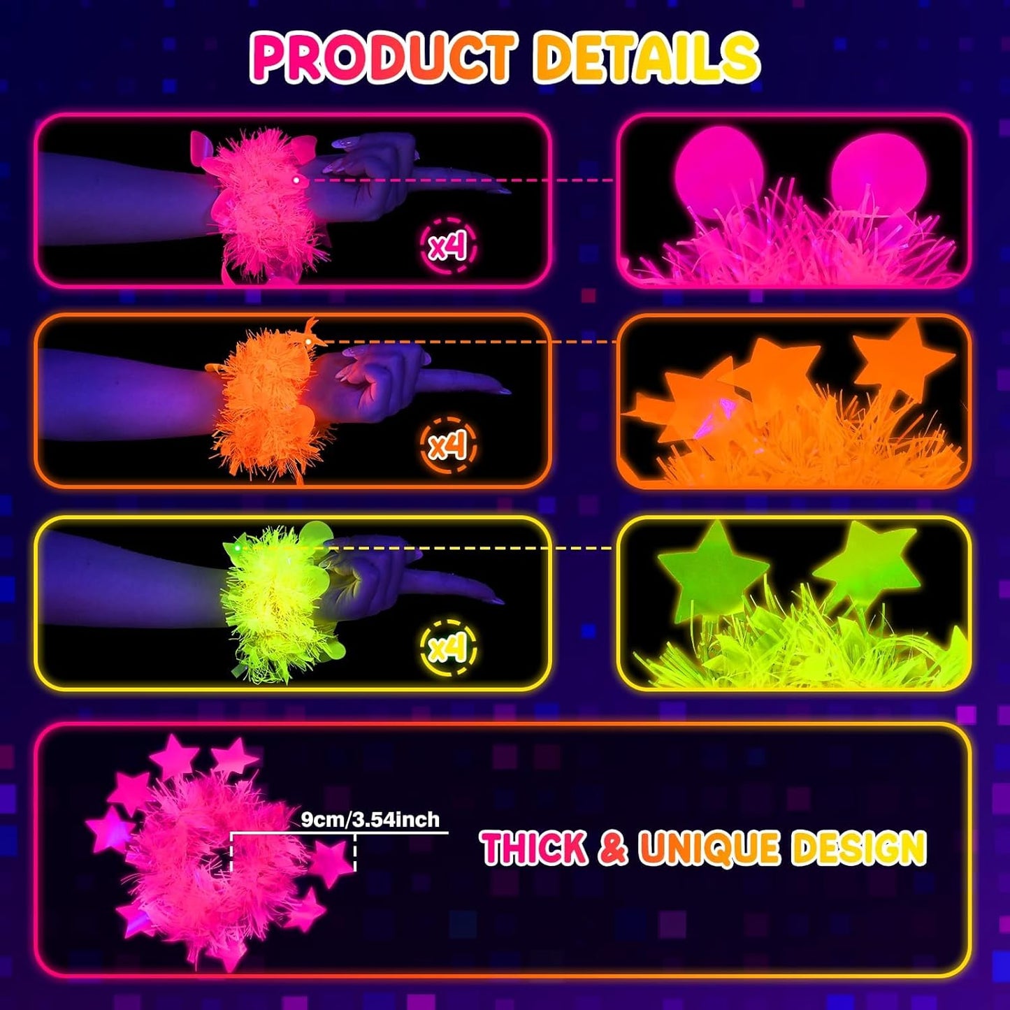 Mega-L 12 Pcs Glow in The Dark Party Bracelet, Glow in The Dark Party Supplies, Neon Fluorescent Blacklight Bracelet Party Favors, Glow Photo Booth Props Bracelets Accessories for Women, Men