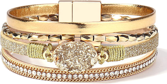 FANCY SHINY Leather Wrap Bracelet Boho Cuff Bangle Bracelets Crystal Bead Bracelet with Magnetic Clasp Jewelry Gifts for Women