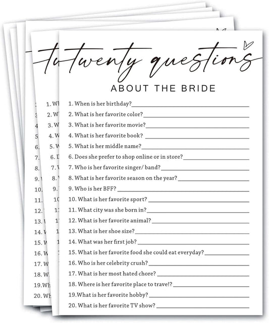 Bridal Shower Games Cards, Twenty Questions About The Bride, Bridal Shower Game 25 Guests, Engagement Party Wedding Games for Guests, Minimalist White Wedding Party Supplies - A05
