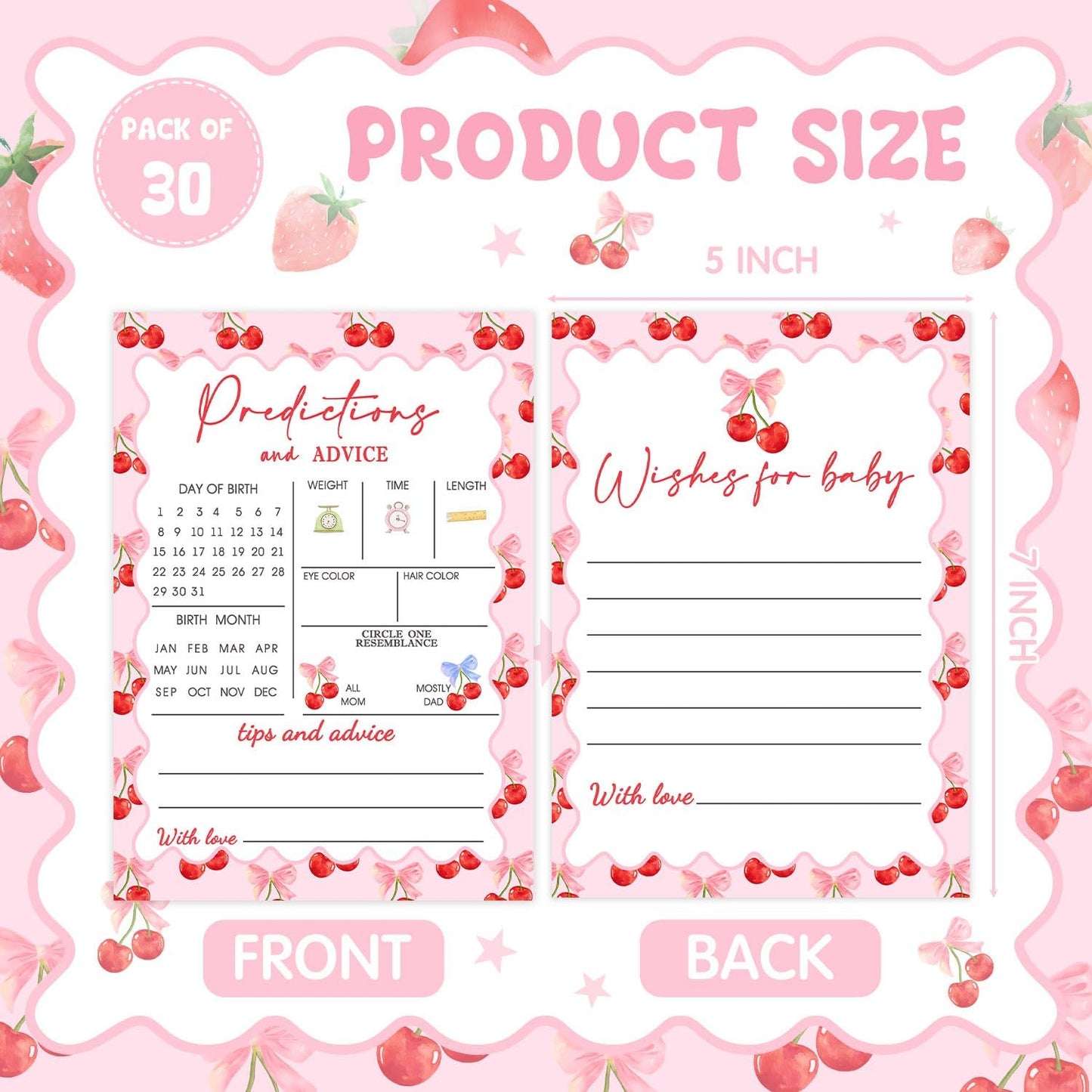 30 Pcs Cherry Baby Shower Games, Baby Predictions & Advice Cards for Baby Shower Game Activity, Cute Cherry Wishes Cards, Memorial Advice for New Parents to Be, Wishes Game Card for Baby Party Decor