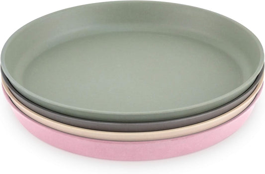 WeeSprout Bamboo Plates, Set of 4, Kid-Sized Dinnerware, Dishwasher Safe Melamine Dishware (Pink, Green, Gray, & Beige, Without Lids)