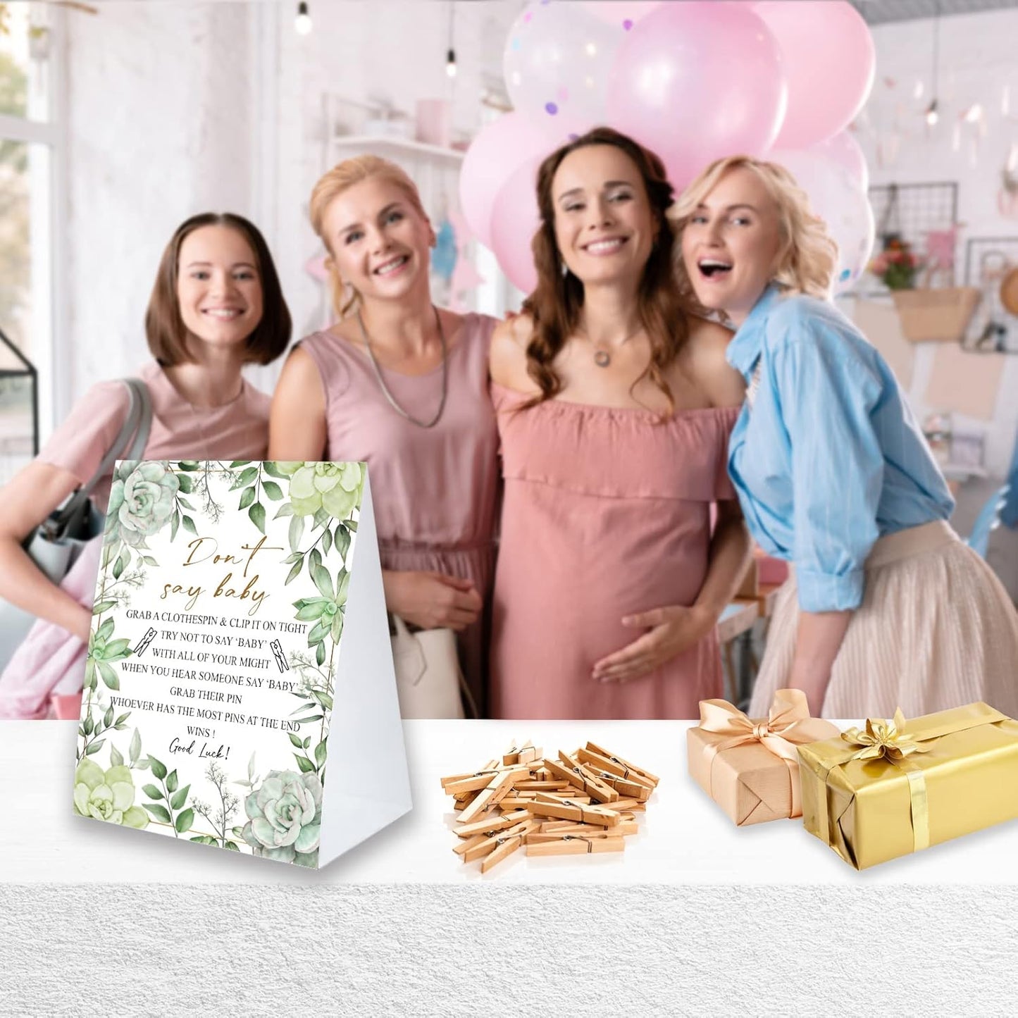 Don't Say Baby Game For Baby Shower Clothespin Game, One 5x7 Coated Paper Sign And 50 Natural Clothespins, Succulent Theme, Gender Neutral -NDSBB28