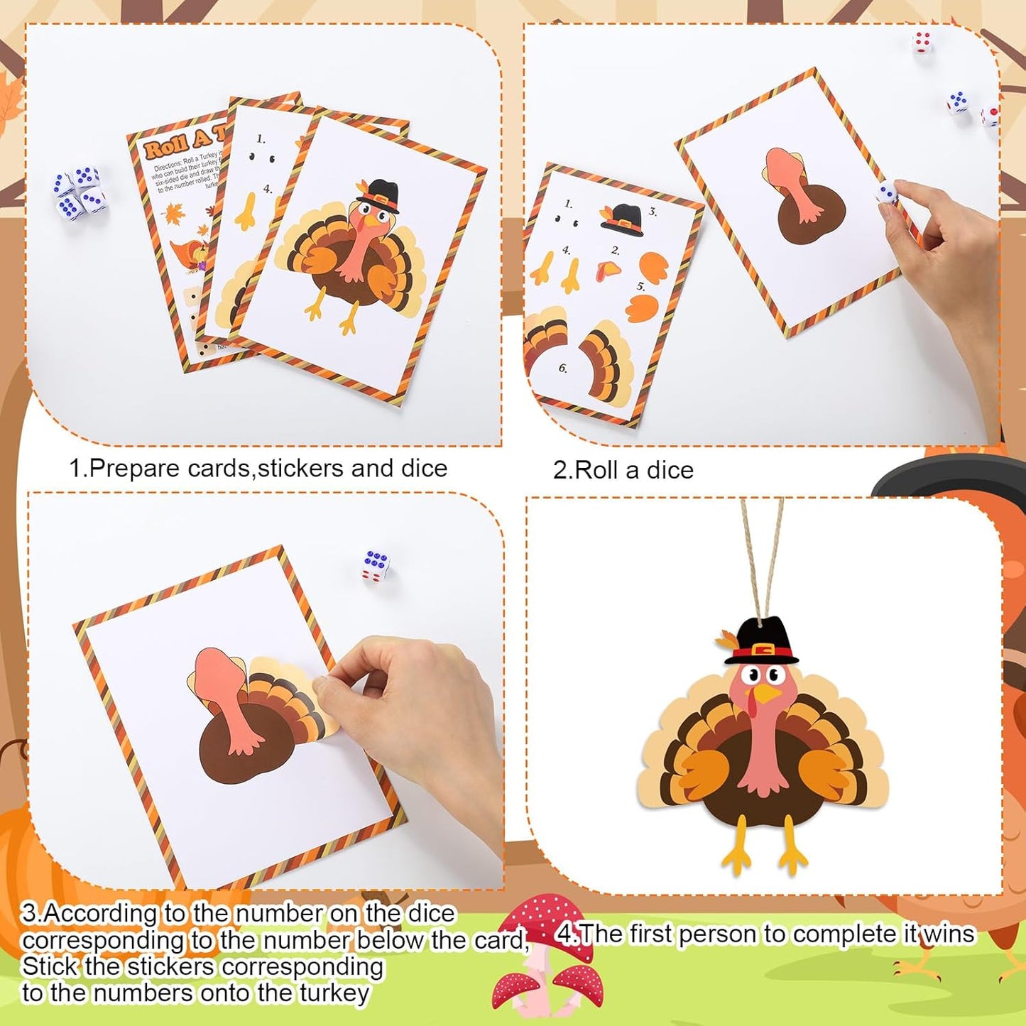 84 Pcs Roll a Turkey Game Thanksgiving Dice Game Include 40 Cards, 40 Turkey Stickers and 4 Dice Thanksgiving Friendsgiving Activities for Family Classroom Harvest Party Supplies