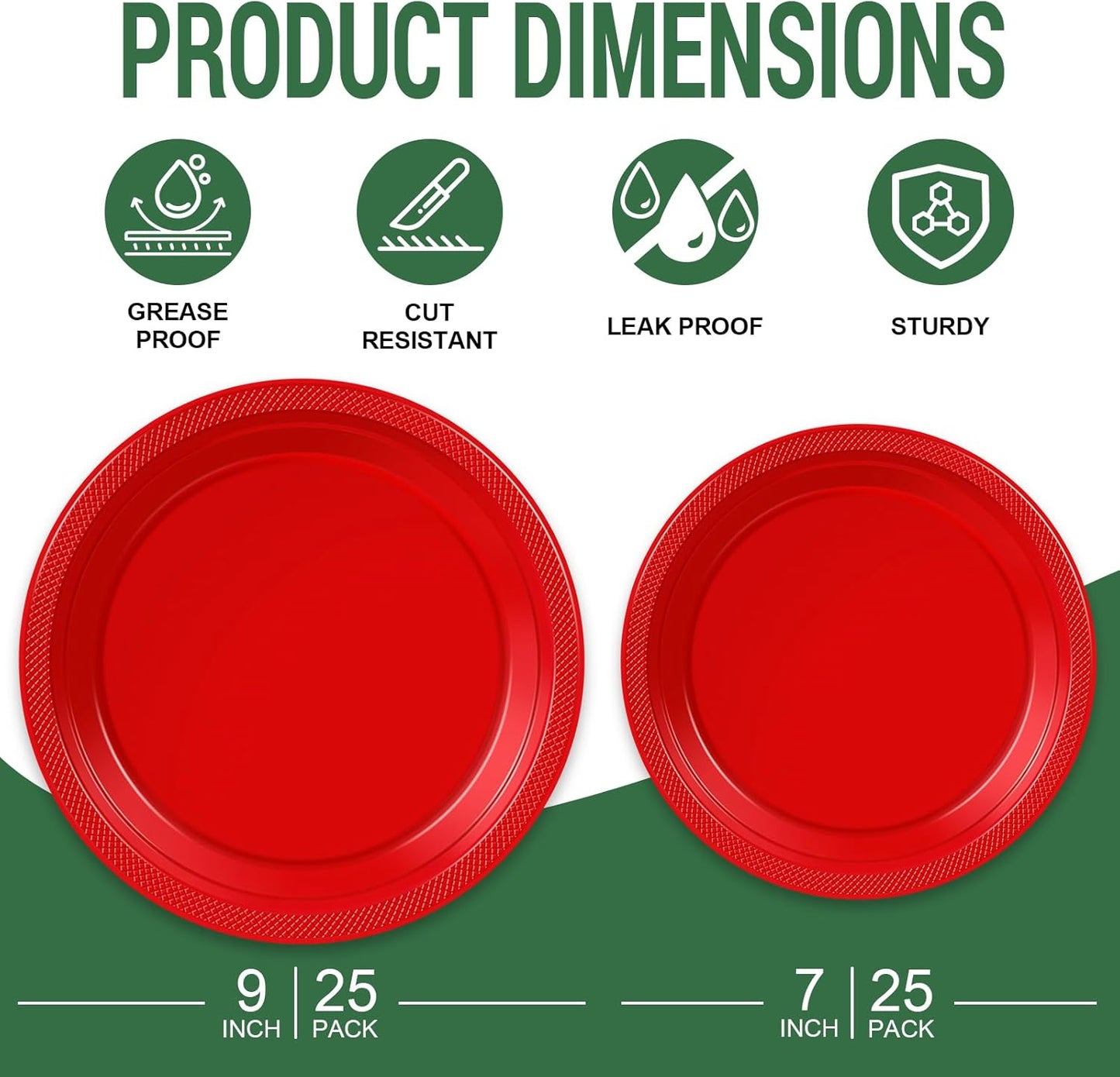 50 Red Plastic Plates For Party, Includes 25-9" & 25-7" Cake Dessert Plastic Dinner Plates Disposable For Party Supplies