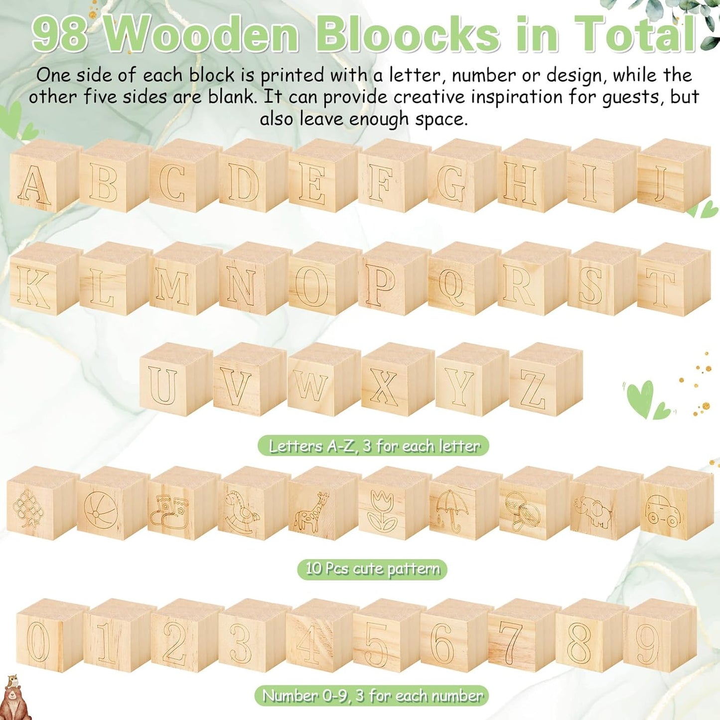 Marsui 136 Pcs Baby Shower Blocks to Decorate Game Kit Includes 98 Wooden Blocks, 36 Markers, 1 Game Sign, 1 Storage Box for Baby Shower Gender Reveal Activity Party Decorations(Land Animal)