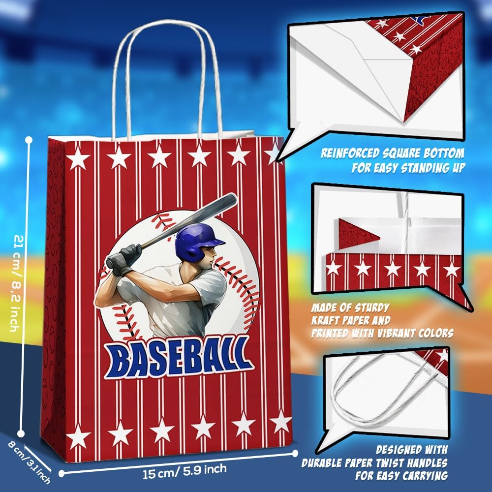 JOYGATHER 24 Pcs Baseball Goodie Bags with Handles, Baseball Party Favors Gift Candy Treat Snack Paper Bags with 3 Different Types for Birthday Party Supplies Decorations