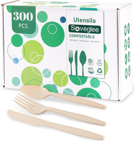 Compostable Utensils, Light Brown Plastic Silverware, Compostable Cutlery 100 Forks 100 Spoons 100 Knives, No Plastic Disposable Silverware, Eco Friendly Disposable Cutlery for Party Office Wedding