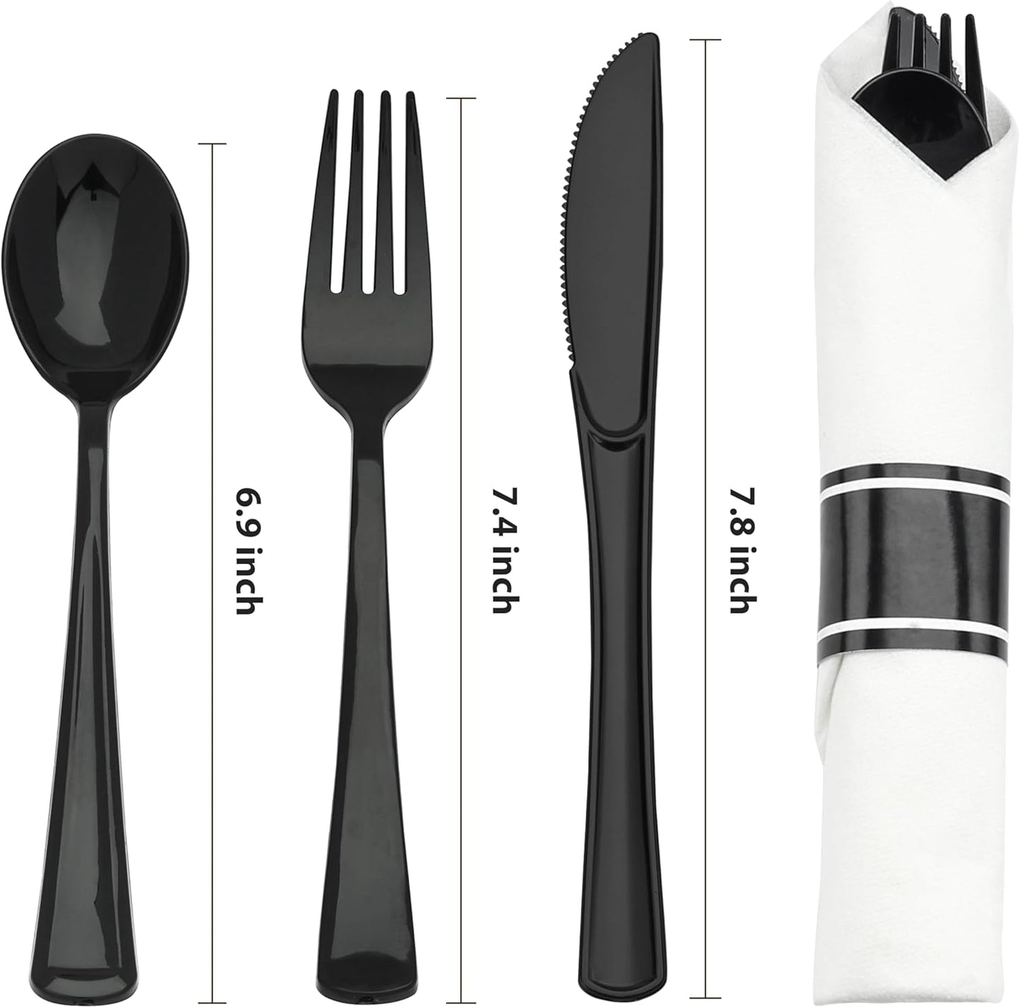 Goodluck 50 Set Black Pre Rolled Plastic Cutlery Set, Wrapped Silverware Set with 50 Forks, 50 Knives, 50 Spoons and 50 Napkins, Perfect for Party, Wedding, New Year