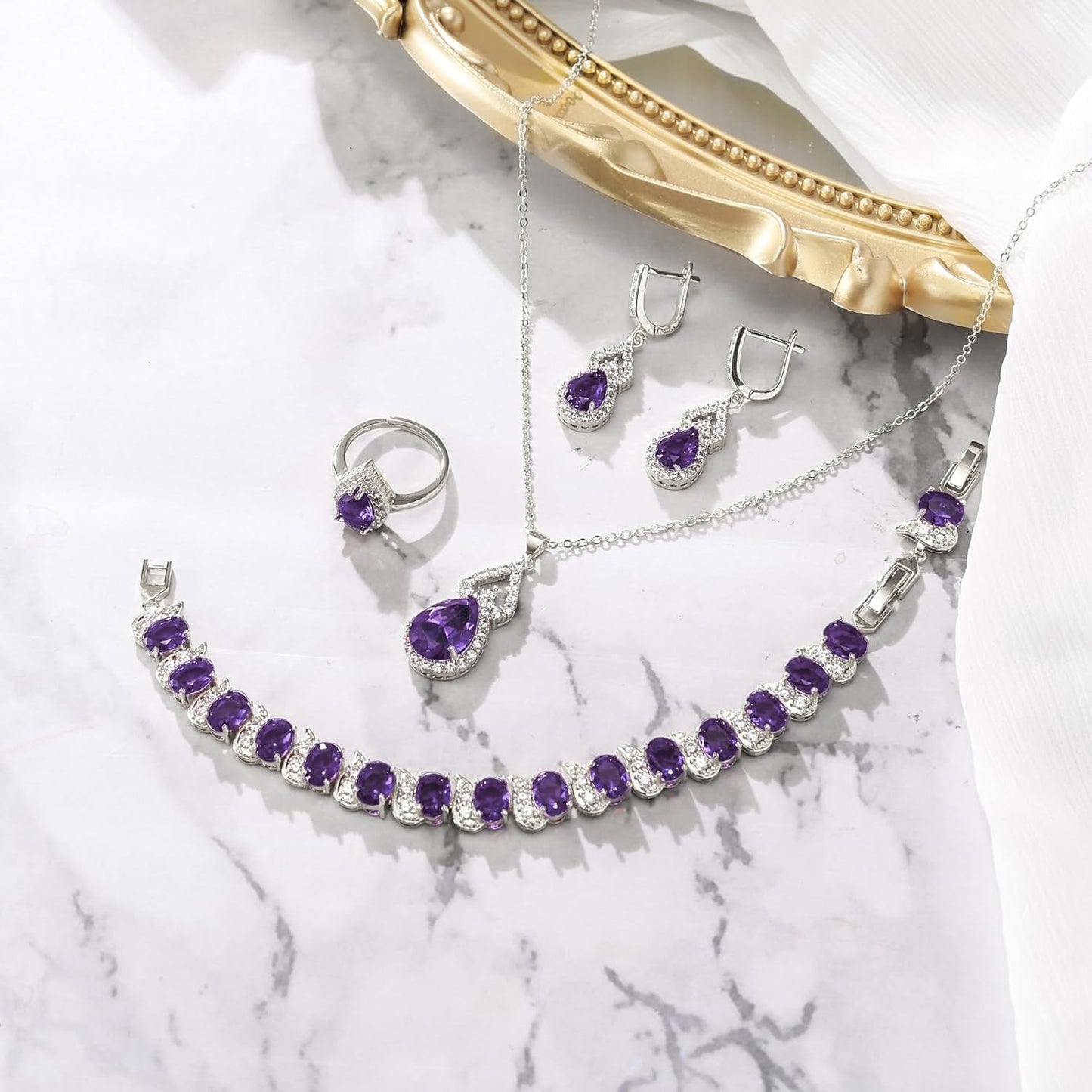 BriLove Wedding Jewelry Set for Women Bride Bridesmaid, Gorgeous Cubic Zirconia Teardrop Necklace Earrings Bracelet Adjustable Ring Jewelry Gift for Birthday/Anniversary/Mother’s Day