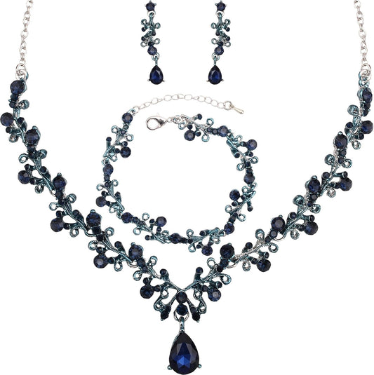 3Pcs Austrian Crystal Jewelry Set for Women, Necklace Dangle Earrings Link Bracelet Jewelry Set with Gold/Platinum/Gun Plated, Wedding Party Jewelry for Bridal Bridesmaid