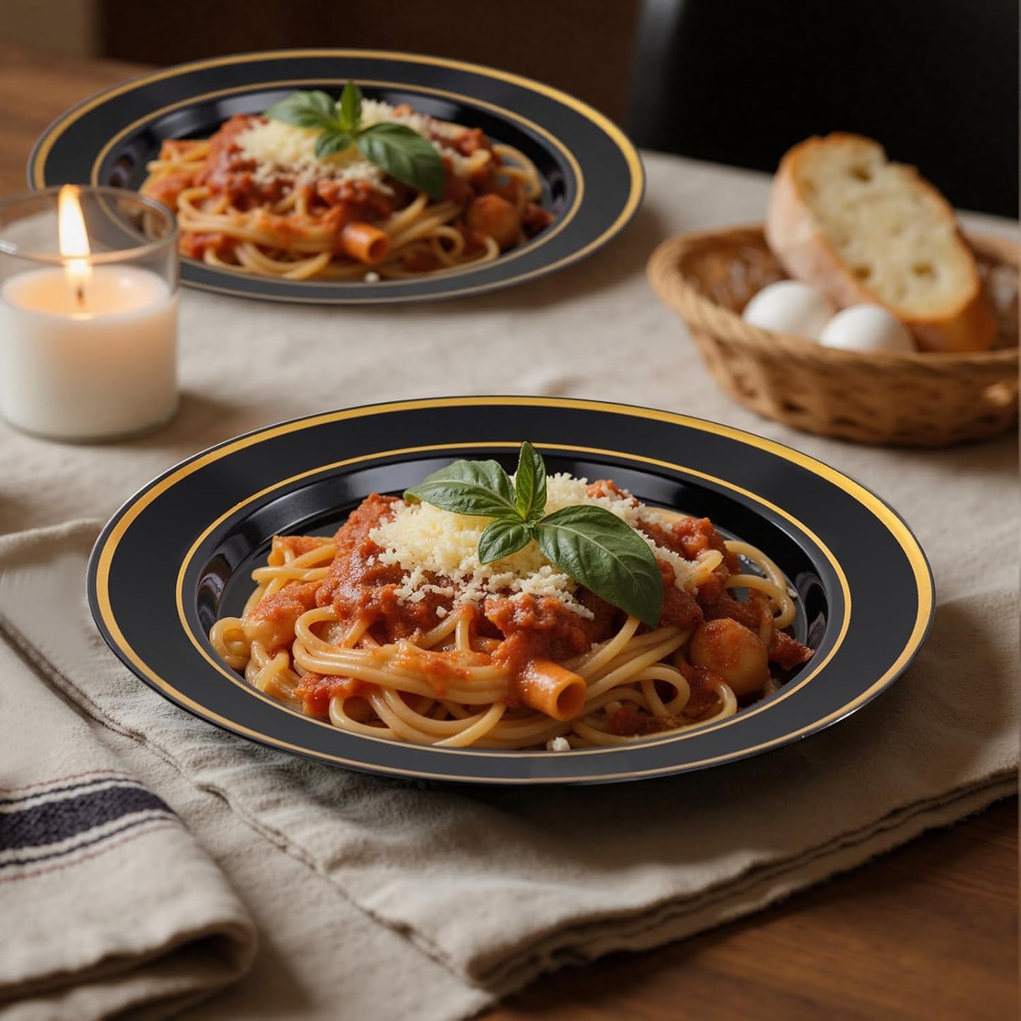 bUCLA 200PCS Black and Gold Plastic Plates - 6.25inch Black with Gold Rim Disposable Dessert/Salad/Appetizer/Small Cake Plates - Ideal for Party & New Year