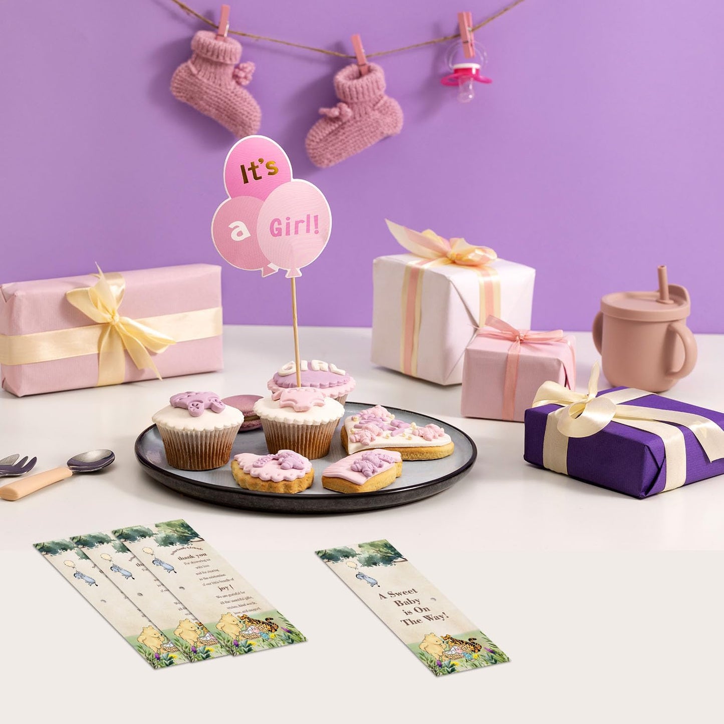 30 Pieces Baby Shower Gifts for Guests, Winnie Baby Shower Sets, Included Bamboo Pens Greeting Cards for Games, Gender Reveal Souvenirs Prizes, Winnie Baby Shower Decorations