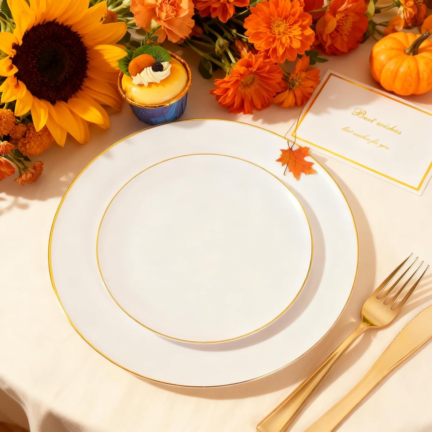 KIRE 175PCS Gold Plates Disposable - Heavy Duty White and Gold Plastic Plates Dinnerware Sets - 25 for Dinner 25 for Dessert 25 Pre Rolled Napkins and 25 Cups for Birthday/Thanksgiving Party/Wedding