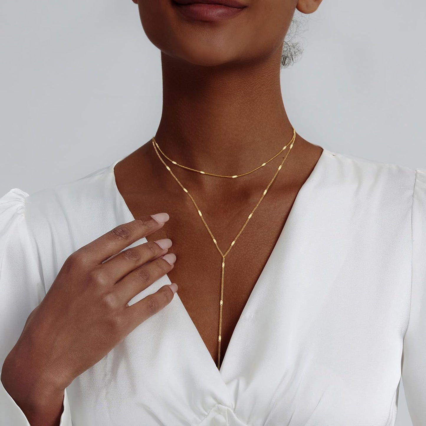 Lariat Gold Necklace for Women, Dainty Long Necklace 14k Gold Plated/Silver Y-Shaped Layered Beaded Chain Drop Necklaces for Women Trendy Simple Gold Jewelry for Women Gifts