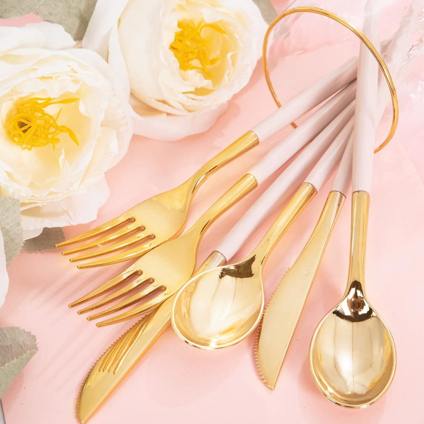 Rubtlamp 90Pcs Gold Plastic Silverware, Thanksgiving Gold Utensils Set With Pink Handles Include 30 Gold Knives, 60Plastic Forks and Spoons, Pink Silverware Heavy Duty For Thanksgiving