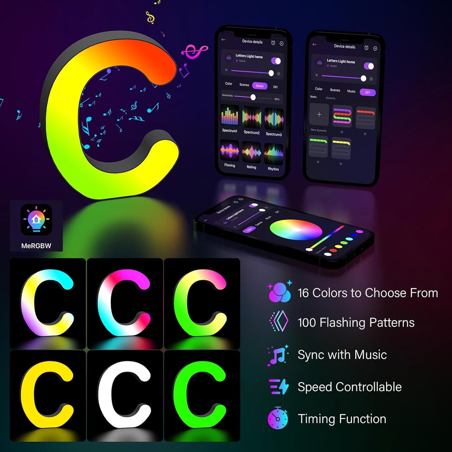 Light Up Letters Marquee Letter - Music Sync RGB Color Changing LED Lights Letter Logo Game Lights for Girls Women Party Birthday Christmas Valentine's Day Wall Desktop Decoration (MRGB-C)