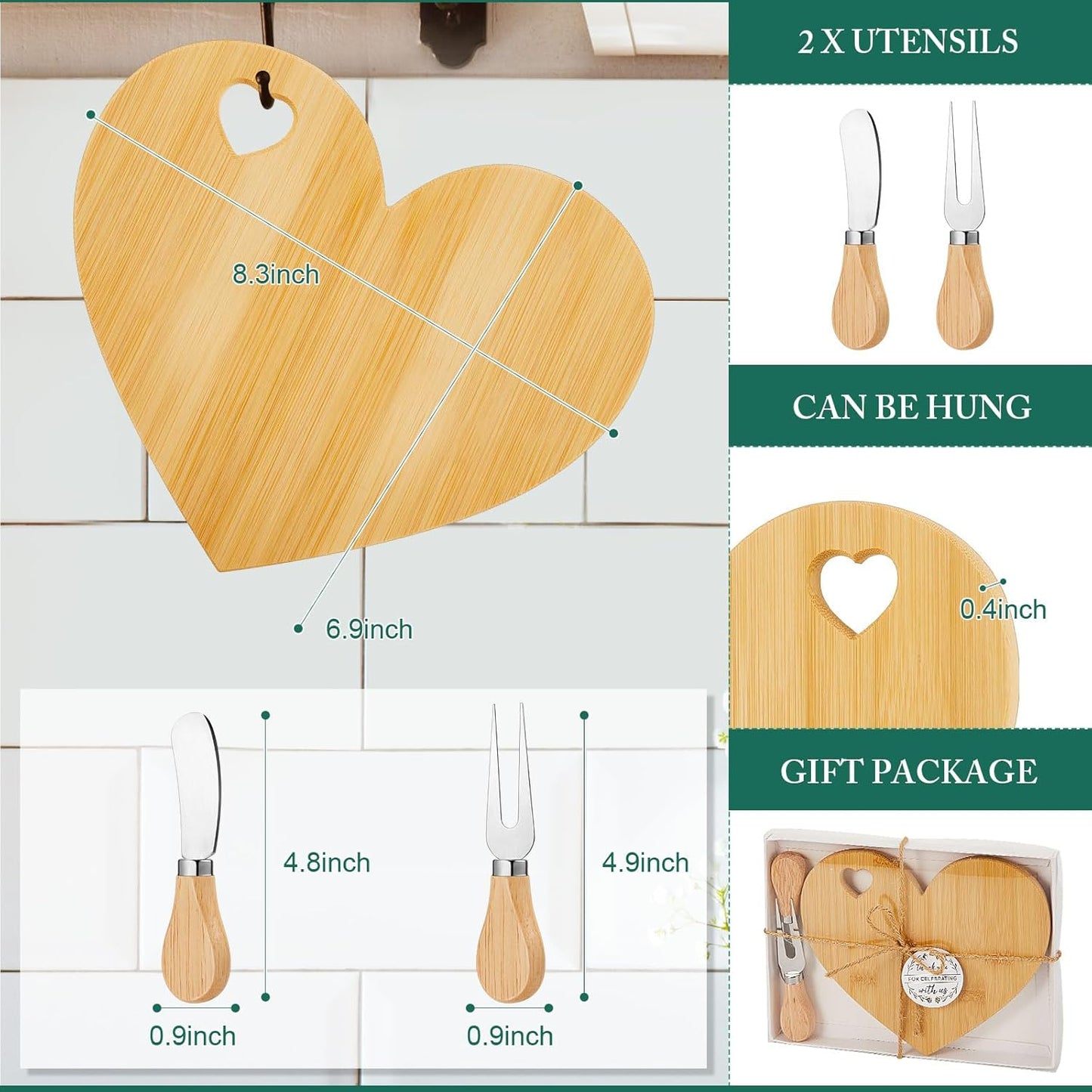 Patelai 50 Set Bridal Shower Favor Heart Cheese Board Cheese Knives Wood Mini Charcuterie Board Thank You Gift Box for Guest Bridal Baby Shower Prize Wedding Birthday Valentines (Bamboo Color)