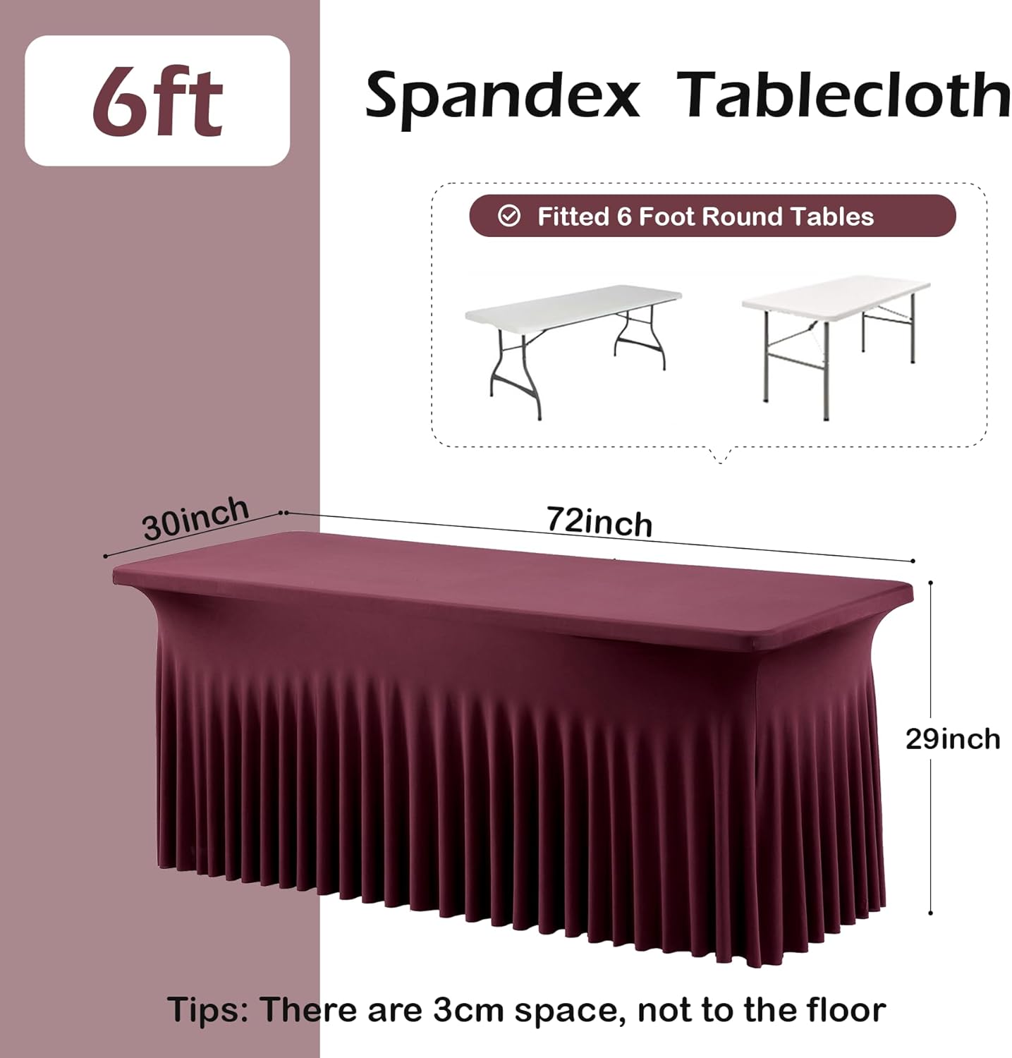 2 pk Burgundy Spandex Tablecloth 6ft with Ruffled Tables,Wrinkle Free High-Stretch Fitted Table Cloths for 6 Foot Rectangle Tables,Elastic Maroon Spandex Table Covers 6 ft for Weddings Banquet Dinning