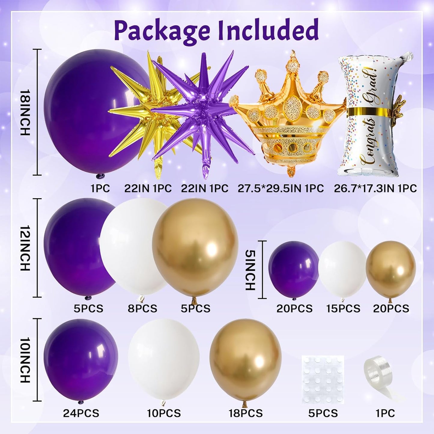 135 Pcs Graduation Balloons Arch Kit 2025 Congratulations Decorations, Purple Gold White Balloon Garland with Explosion Star Certificate Crown Foil Balloons for Class of 2025 Grad Prom Supplies Decor