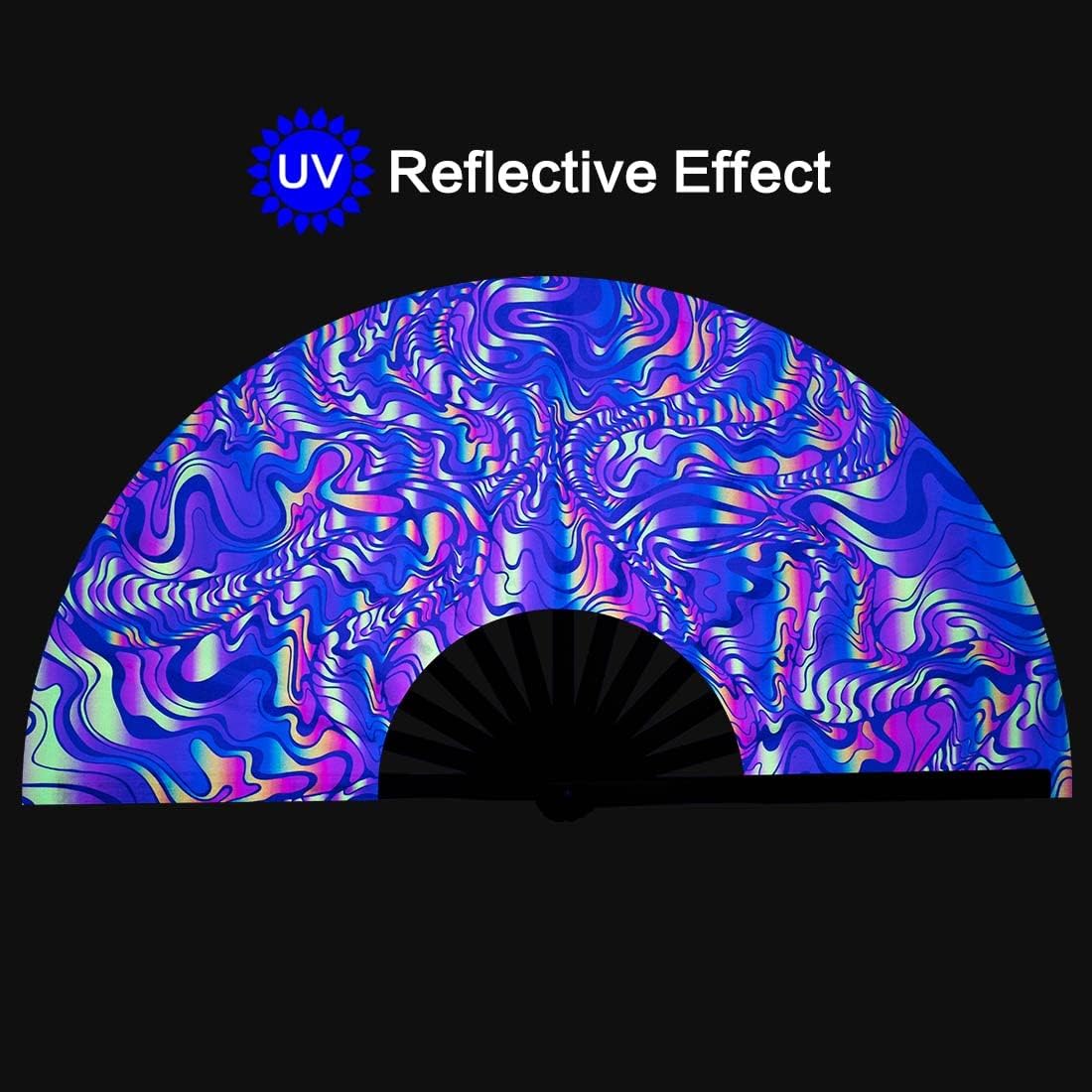 UV Glow Rave Fan, Bamboo Folding Clack Hand Fans Foldable for Men Women, Boots on the Ground Poping Fan for EDM Festival Line Dance Decoration, (Waves-2, Medium 11")