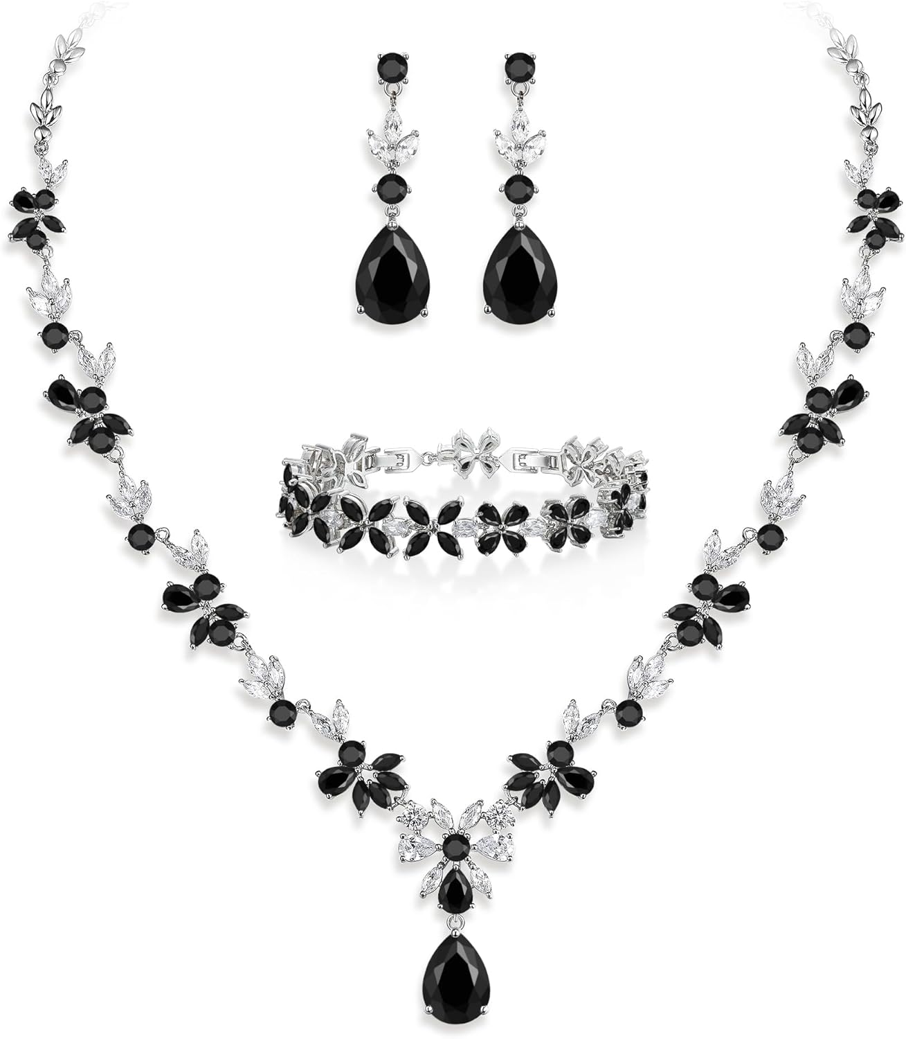 Crysdue Wedding Jewelry Set for Women, Floral Leaf Vine Teardrop Necklace Dangle Earrings Bracelet and Hair Comb, Cubic Zirconia Elegant Party Prom Jewellery for Bridal Bridesmaid