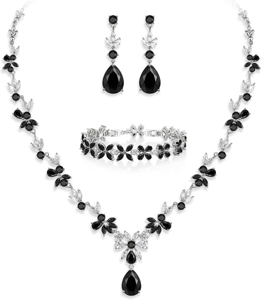 Crysdue Wedding Jewelry Set for Women, Floral Leaf Vine Teardrop Necklace Dangle Earrings Bracelet and Hair Comb, Cubic Zirconia Elegant Party Prom Jewellery for Bridal Bridesmaid