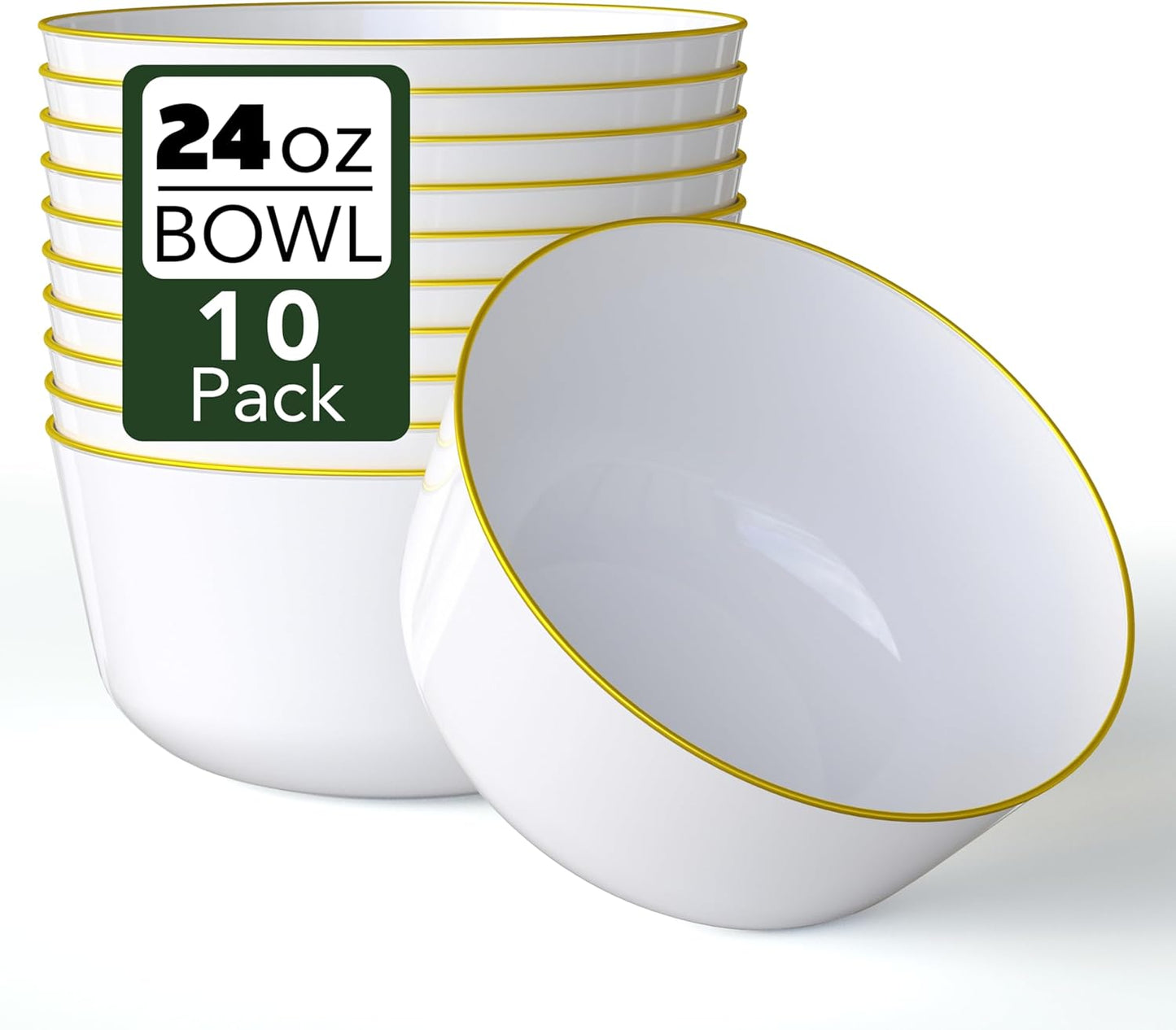 Trendables Disposable Bowls - 24 Oz Set of 10, Gold Rimmed Fancy Plastic Serving & Ice Cream Bowls