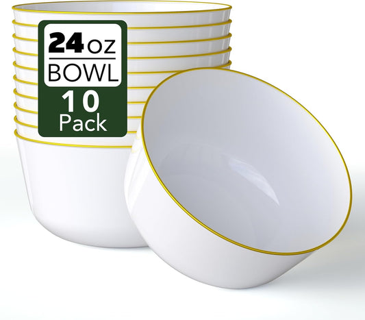 Trendables Disposable Bowls - 24 Oz Set of 10, Gold Rimmed Fancy Plastic Serving & Ice Cream Bowls