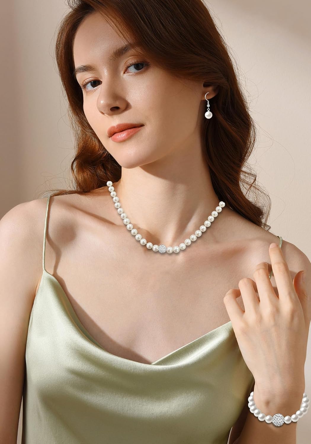 Pearl Jewelry Set for Women Faux Pearl Costume Jewelry Set with Necklace, Bracelets, Ring, Earrings for Wedding Bridal Birthday Tea Party