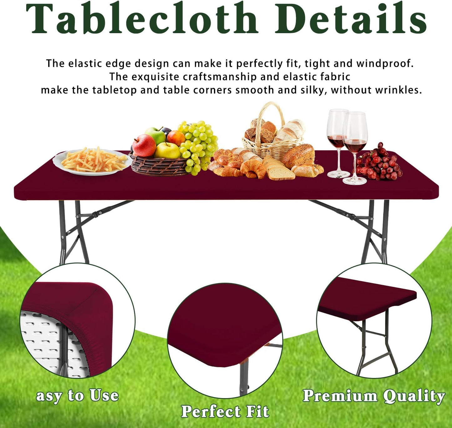 6 Foot Picnic Table Cover Fitted 10 Pack Elastic Tablecloth for Rectangle Tables Waterproof Stretch Washable Folding Indoor Outdoor Spandex Table Cloth for Parties Banquet Camping (Wine Red,30" x 72")
