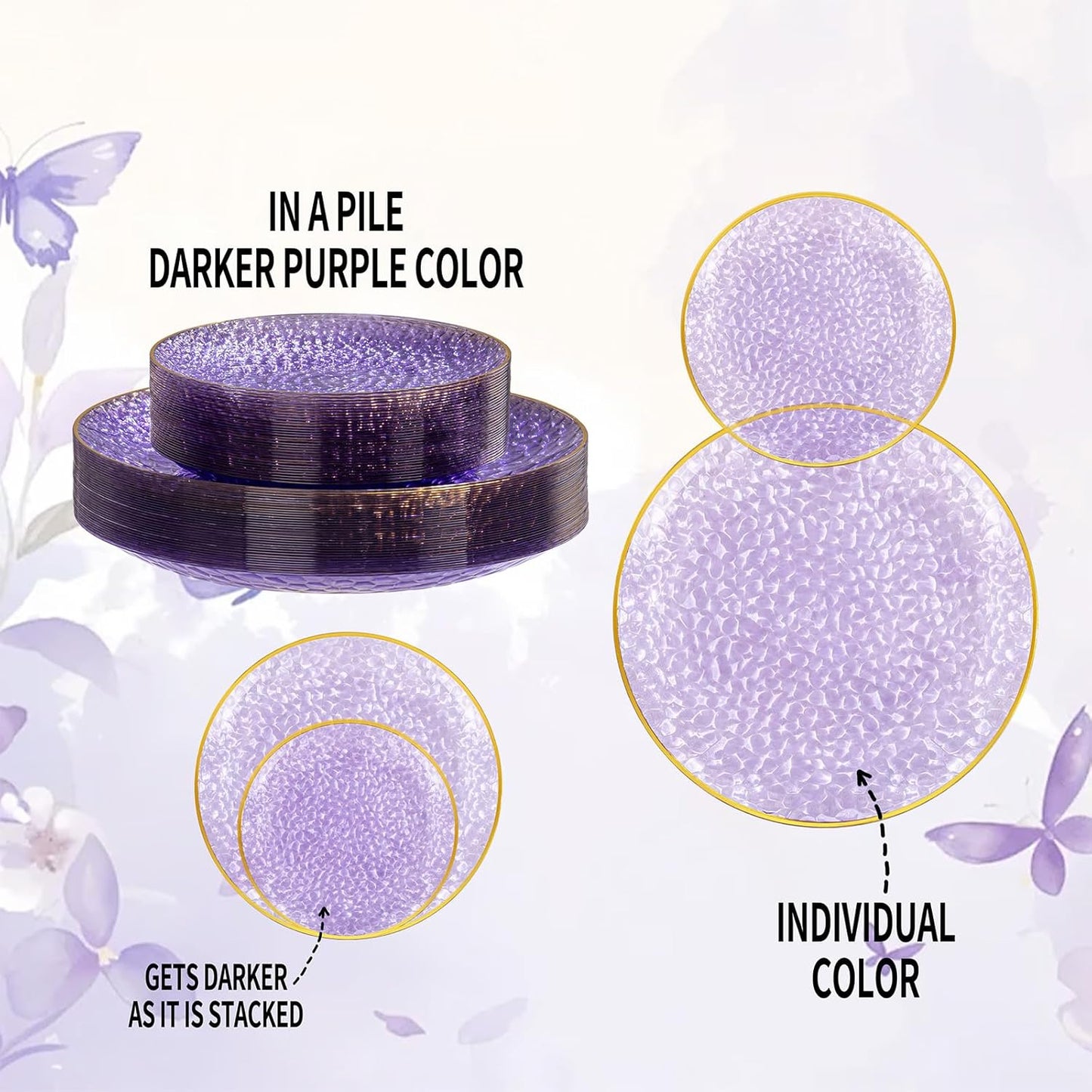 SUT 36Pcs Purple Plastic Plates, Hammered Plates Disposable Heavy Duty, Purple Disposable Plates With Gold Rim, Fancy Plastic plates Include 18 Dinner and 18 Dessert plates for Wedding