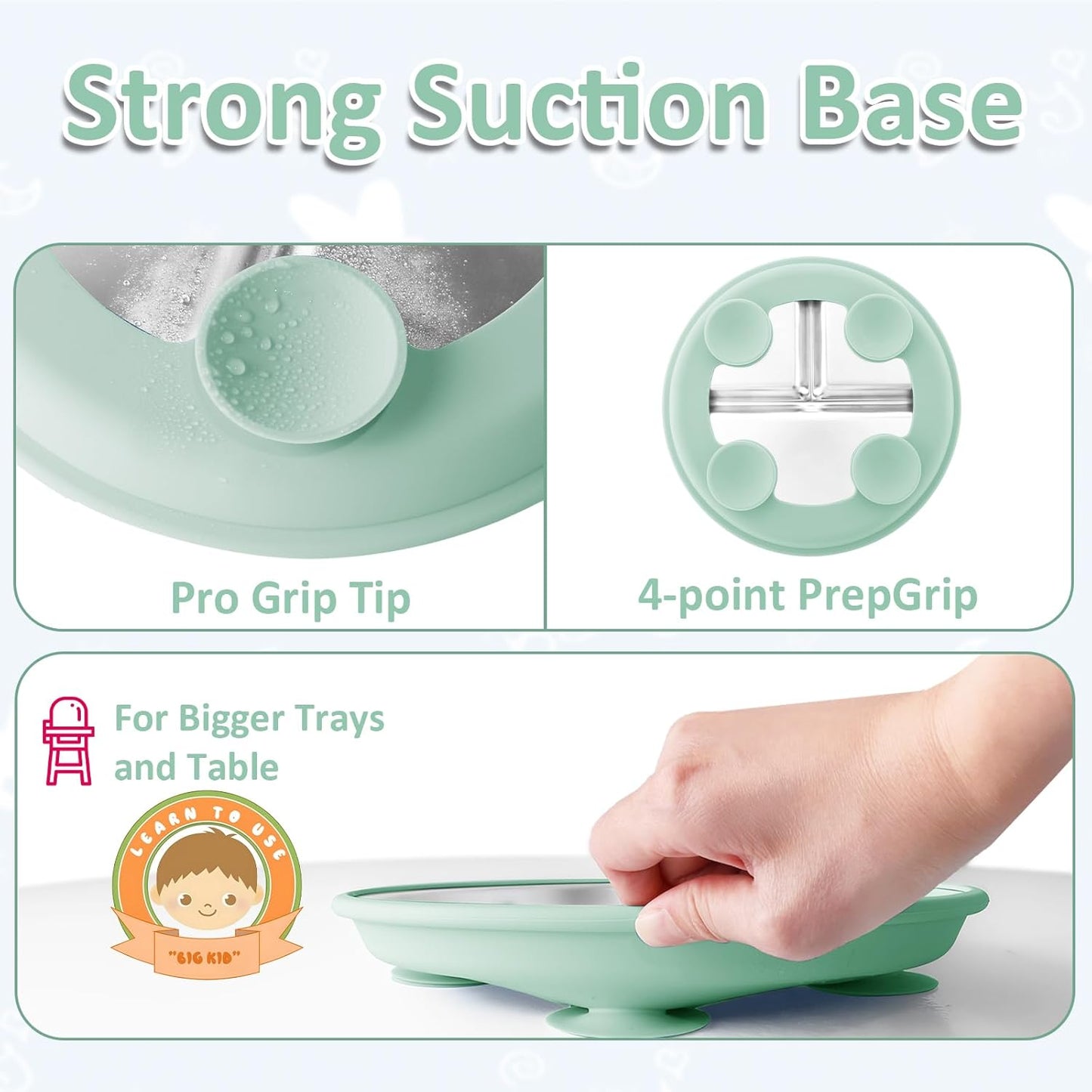 Stainless Steel Toddler Plate with Suction, 9” Divided Plates with Removable Silicone Sleeves for Kids, Non Toxic & BPA Free | Non Slip | Unbreakable Baby Snack Dishes Set of 2, Blue & Sage