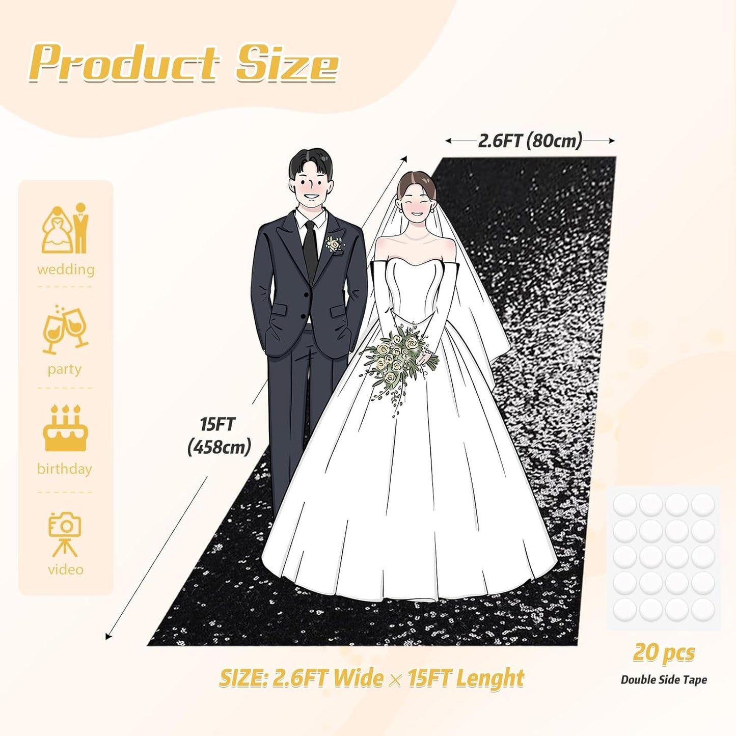 PartyDelight Black Carpet Runner for Party 2.6FTx15FT Sequin Wedding Aisle Runner Sparkly Rug for Prom Ceremony Indoor Outdoor Engagement Decoration