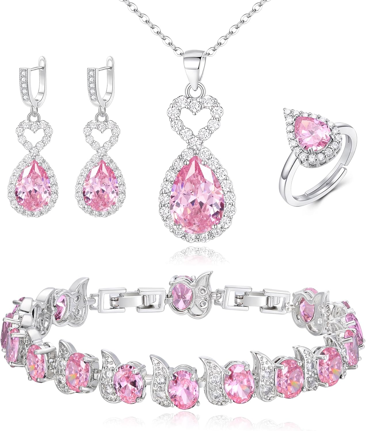 BriLove Wedding Jewelry Set for Women Bride Bridesmaid, Gorgeous Cubic Zirconia Teardrop Necklace Earrings Bracelet Adjustable Ring Jewelry Gift for Birthday/Anniversary/Mother’s Day