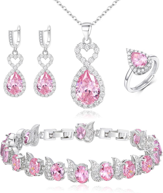 BriLove Wedding Jewelry Set for Women Bride Bridesmaid, Gorgeous Cubic Zirconia Teardrop Necklace Earrings Bracelet Adjustable Ring Jewelry Gift for Birthday/Anniversary/Mother’s Day