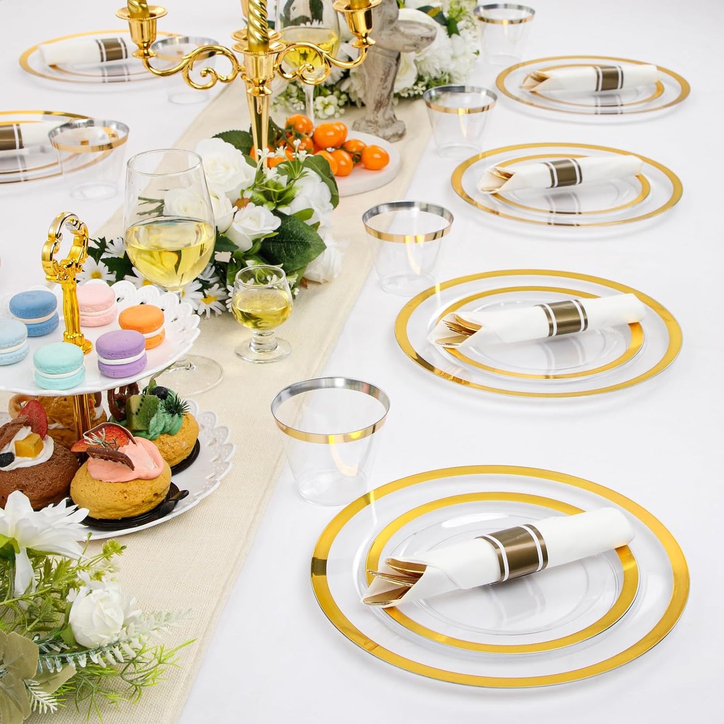 I00000 210 Pcs Clear Plastic Plates,Gold Disposable Plates,Include 30 Dinner Plates 10.25'',30 Dessert Plates 7.5'',30 Gold Rim Cups 30 Pre Rolled Napkins with Plastic Cutlery for Thanksgiving