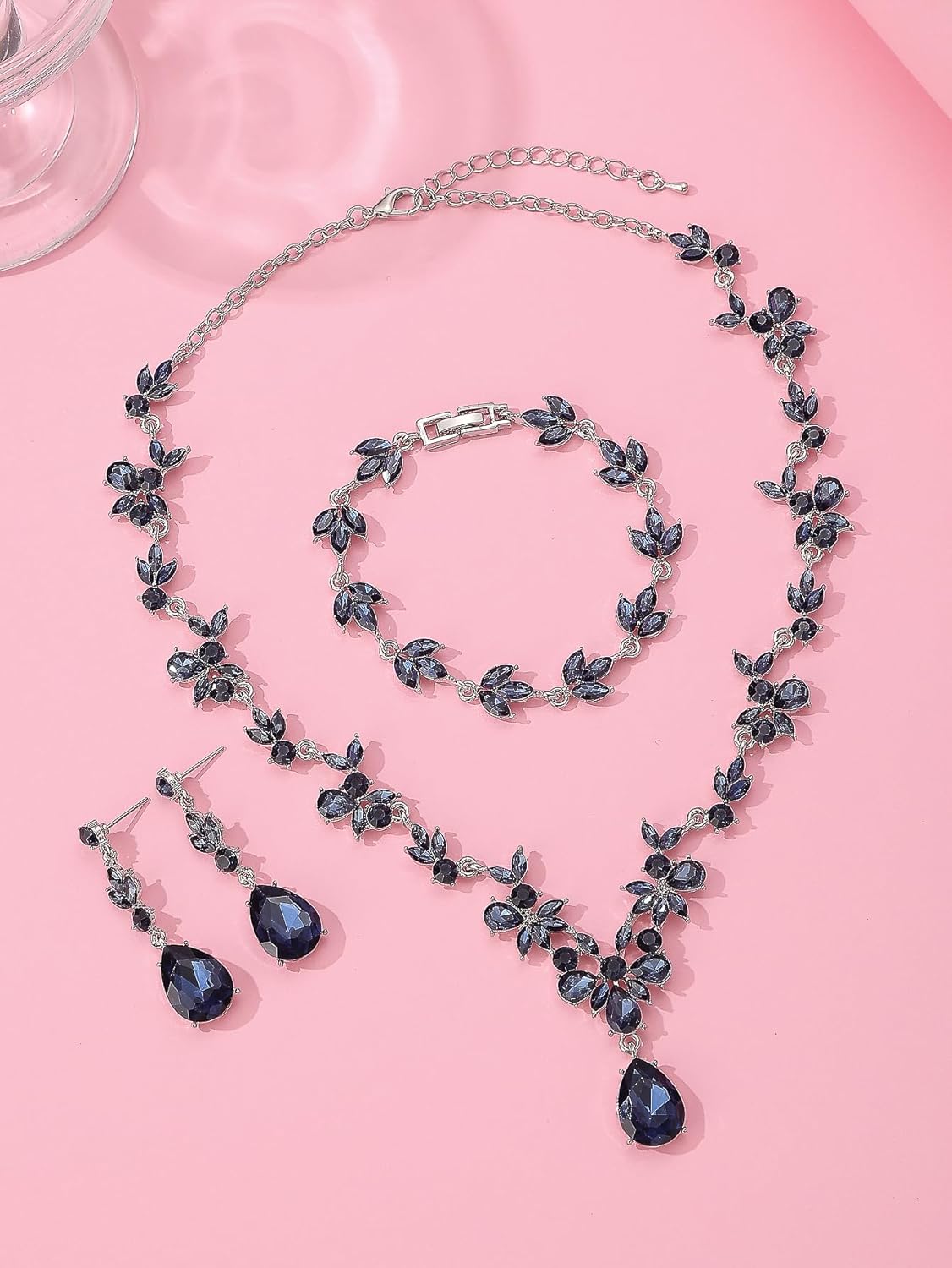 Bridal Wedding Elegant Floral Jewelry Set for Women/Brides/Bridesmaids Crystal Jewelry Set for Wedding Prom Party Bridal Crystal Necklace Earrings Bracelet Set