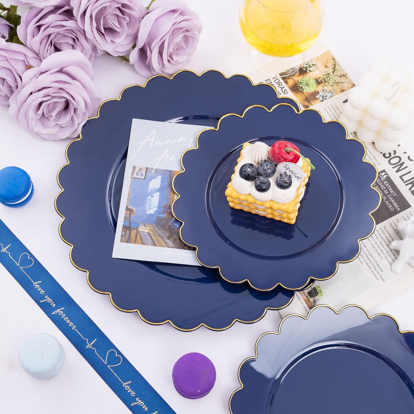 LIYH 60 Pcs Navy Blue Plastic Scalloped Plates with Gold Rim, Dark Blue Disposable Plates for Party Included 30 Dinner Plate 10.25 Inch,30 Dessert Plate 7.5 Inch Elegant Dishes Tableware