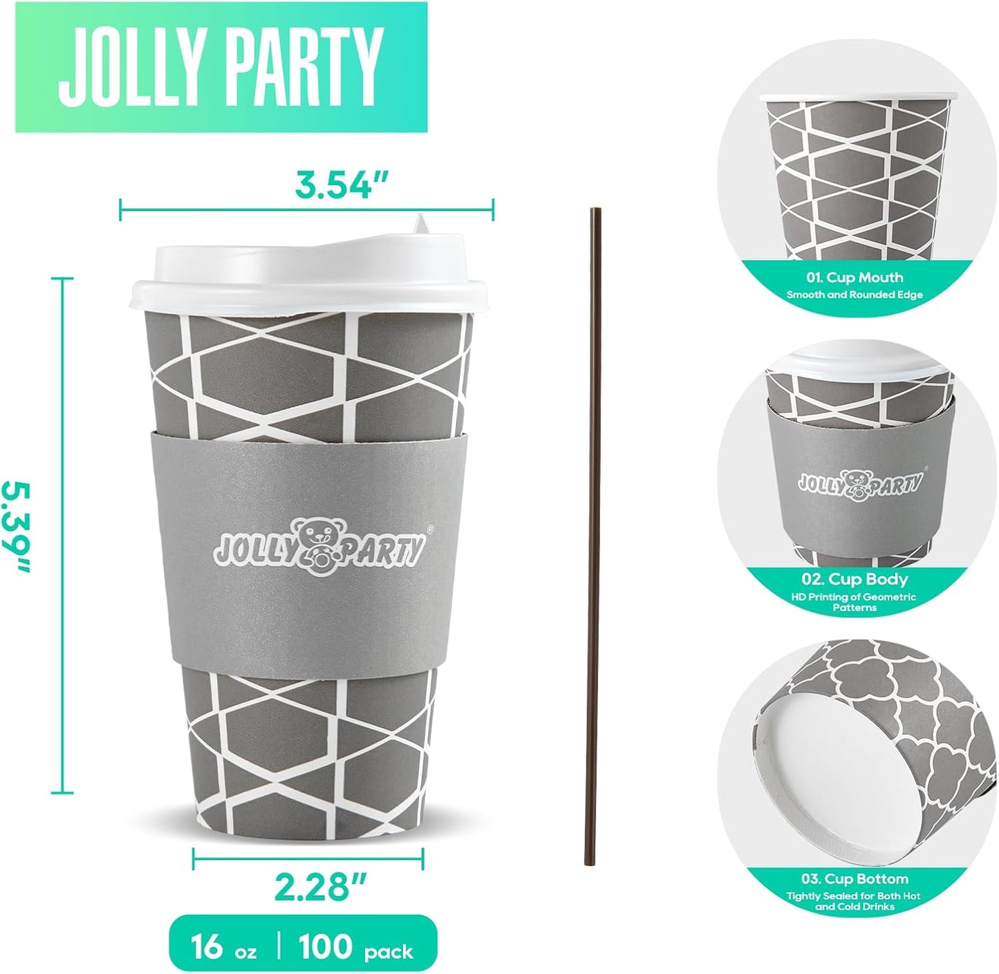 JOLLY PARTY [100 Sets] 16 oz Paper Coffee Cups, Disposable Coffee Cups with Lids, Sleeves and Straws, Hot Cold Beverage Drinking Cup for Water, Coffee or Tea, To-Go Cup Suitable for Office and Travel
