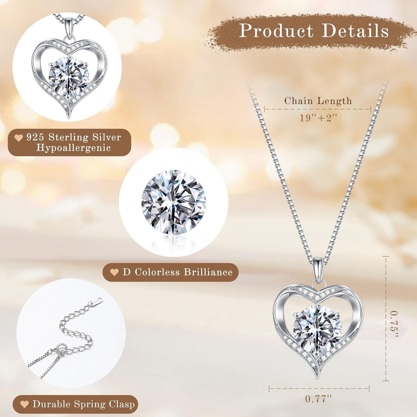 MOOSEA Christmas Gifts for Women Wife, 1-3ct D Color VVS1 925 Sterling Silver Anniversary Birthday Gifts for Women Wife Girlfriend Jewelry Moissanite Necklace