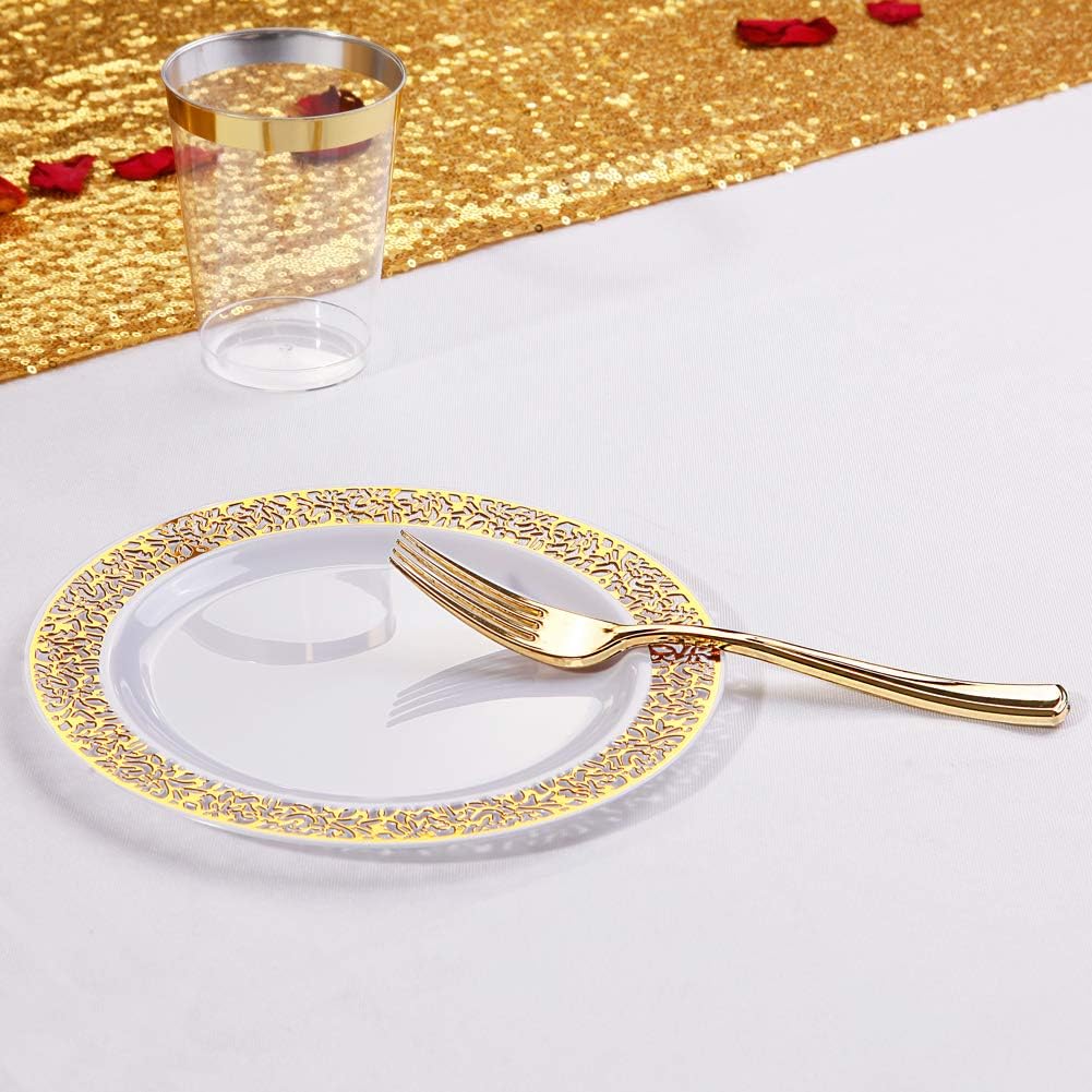WDF 100pcs Gold Dessert Plates 7.5" with 100 Pieces Disposable Forks 7.4", Lace Design Fancy Appetizer Small Salad and Cake Plates for Thanksgiving Party/Weeding