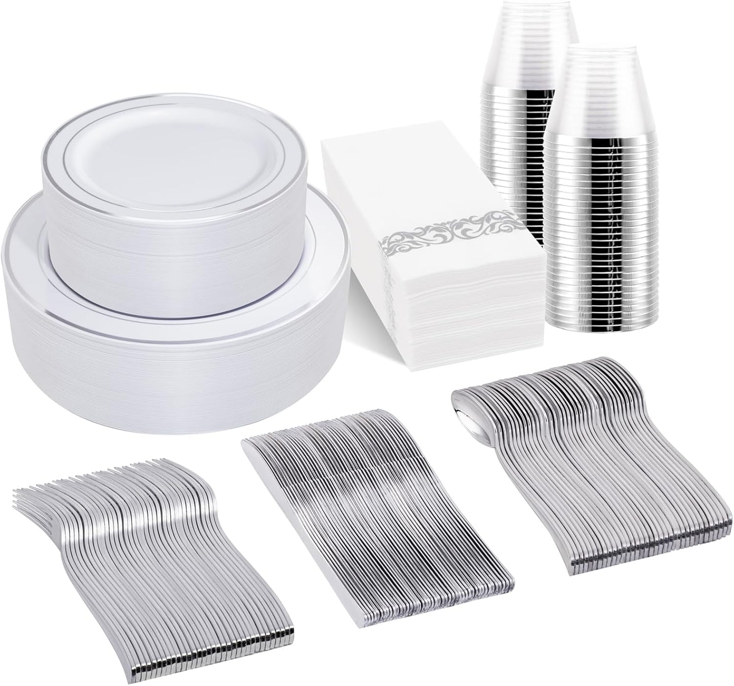 bUCLA 350PCS Silver Plastic Dinnerware Set for 50 Guests - Silver Plates Disposable Include 50 Dinner & 50 Dessert Plates,50 Forks,50 Knives,50 Spoons,50 Cups,50 Napkins for Party & Christmas