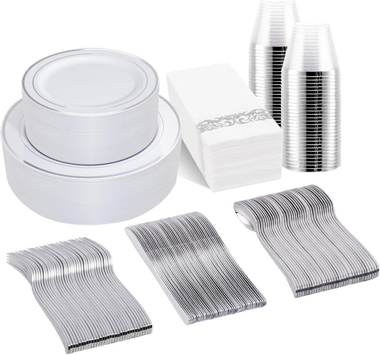 bUCLA 350PCS Silver Plastic Dinnerware Set for 50 Guests - Silver Plates Disposable Include 50 Dinner & 50 Dessert Plates,50 Forks,50 Knives,50 Spoons,50 Cups,50 Napkins for Party & Christmas