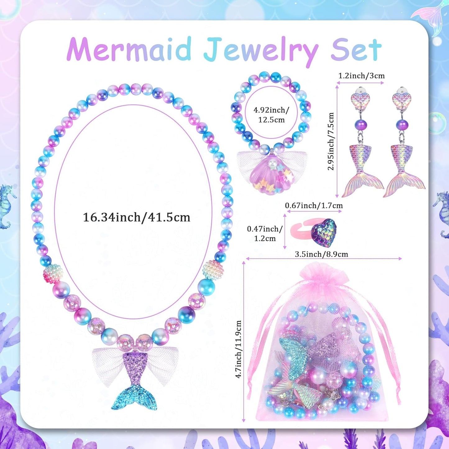Mermaid Toys Princess Mermaid Jewelry for Girls Mermaid Necklace Bracelet Ring Earrings for Kids, Mermaid Accessories Set for Girls Age 3-8 Mermaid Costume Birthday Party