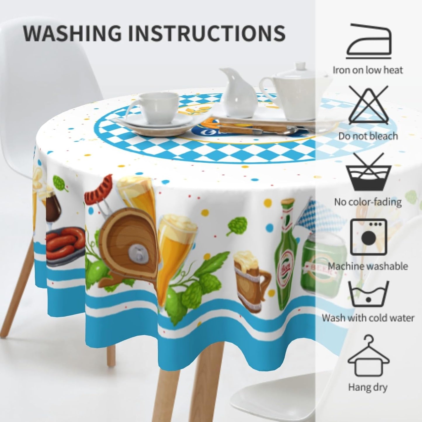 Giwawa Oktoberfest Tablecloth Round 60Inch Bavarian Beer Sausage Pretzel Table Cover Heat Resistant Polyester Fabric Blue White Checkered Table Cloth for Kitchen Dining Party Holiday Decor