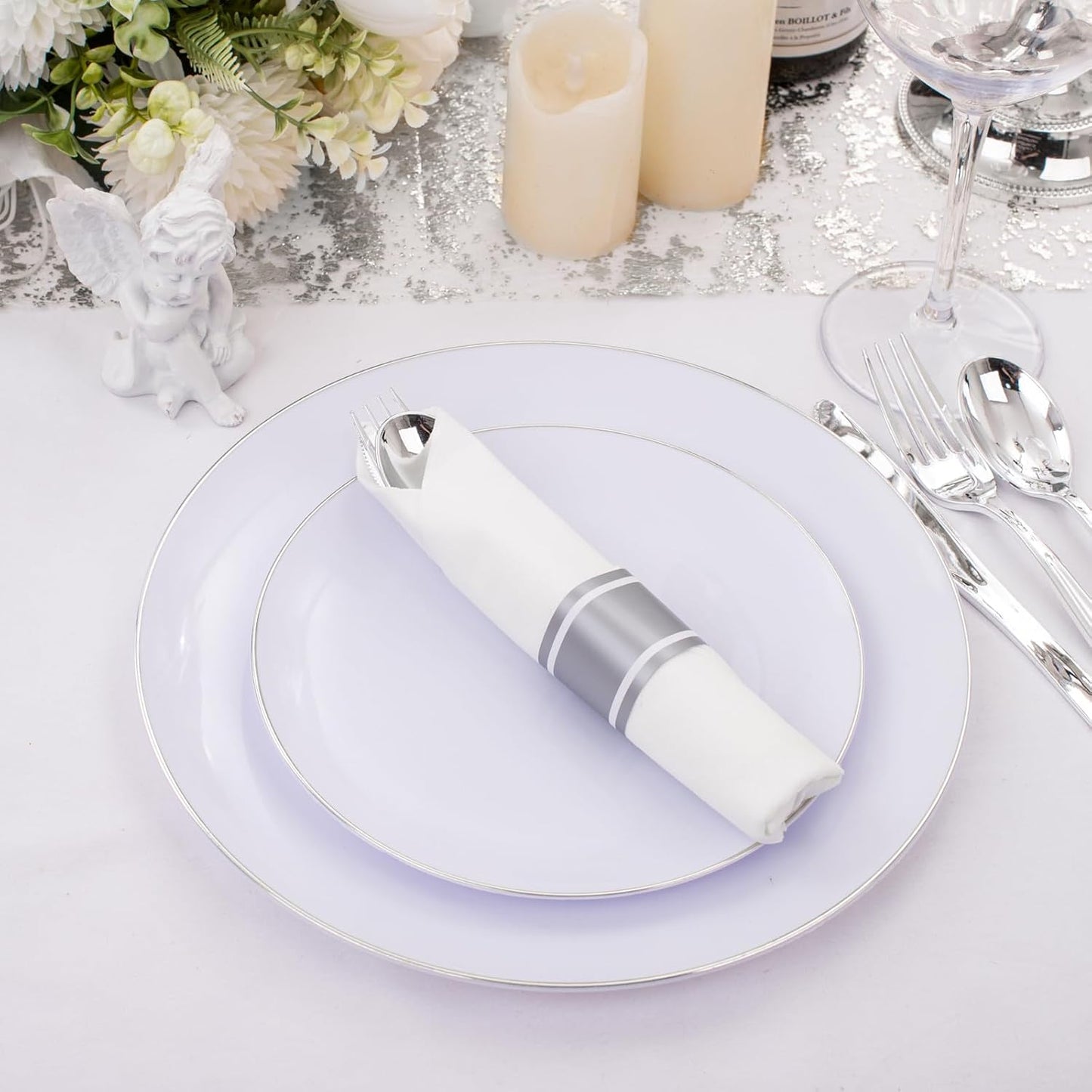 Supernal 120pack Silver Plastic Silverware,Rolled Plastic Silverware,Pre Rolled Napkins with Cutlery Set,Wrapped Disposable Cutlery Set with Napkin Perfect for Christmas Thanksgiving Halloween Party