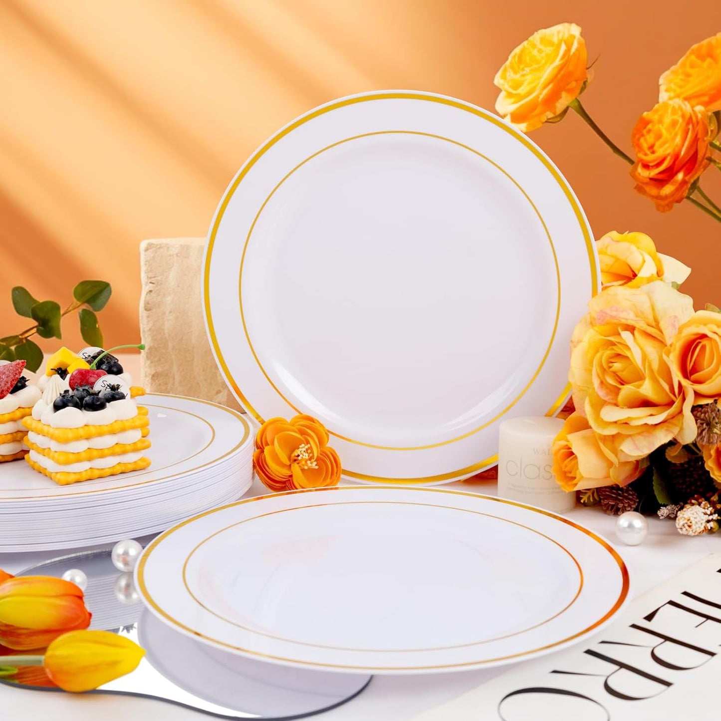 bUCLA 30PCS White and Gold Plastic Dinner Plates Disposable - 10.25inch Premium White Gold Rim Plates, Ideal for Wedding, Party & Thanksgiving