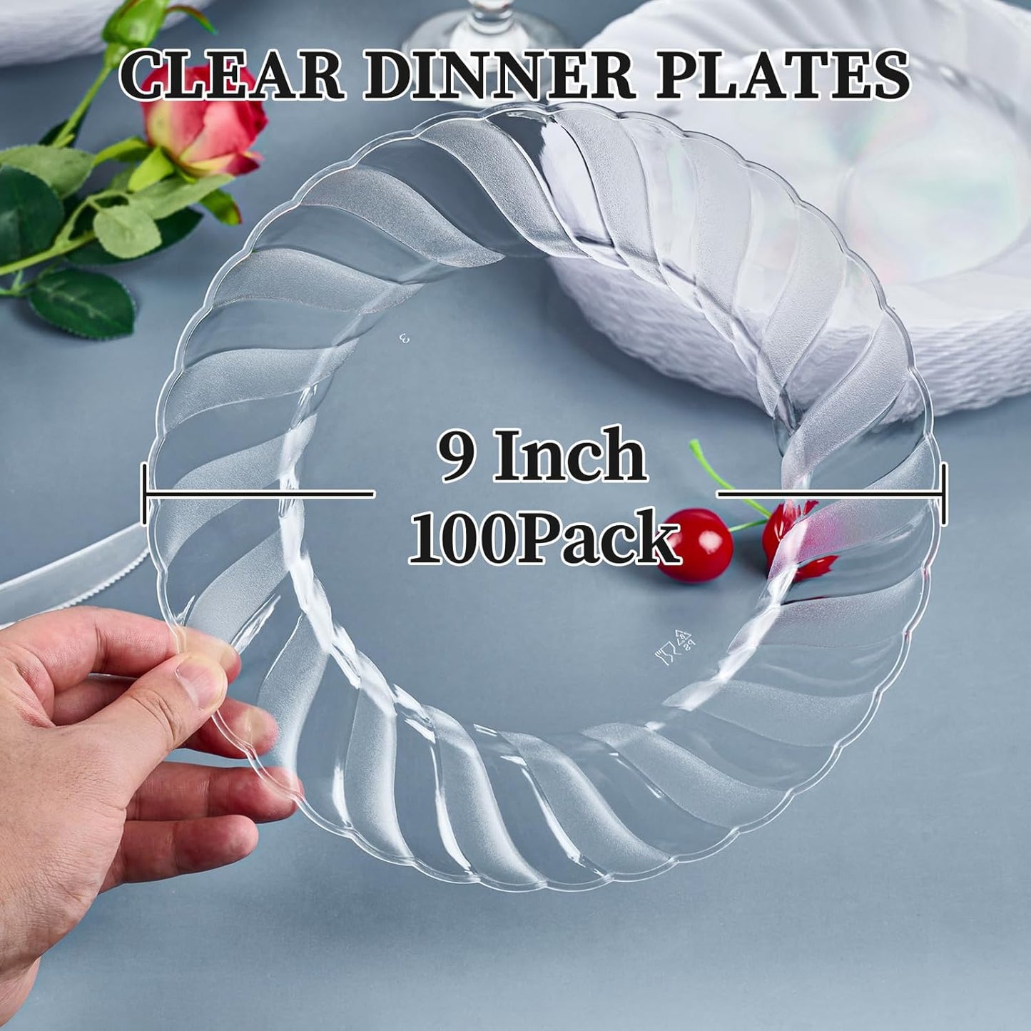 FOCUSLINE 100 Count Clear Plastic Plates 9 Inch, Disposable Heavy Duty Dinner Plates- Premium Hard Plastic Plate Fancy Disposable Clear Plates for Weddings, Parties and Events