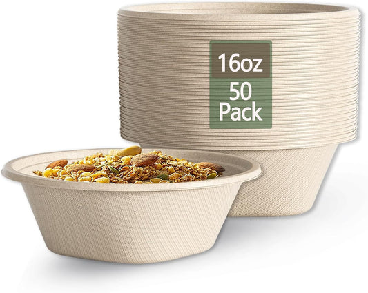 Homestockplus Small Disposable Paper Bowls - Heavy Duty 16 Oz Disposable Bowls - Made from Natural Bagasse Biodegradable Bowl for Cereal, Rice, French Fries [50 Pack]
